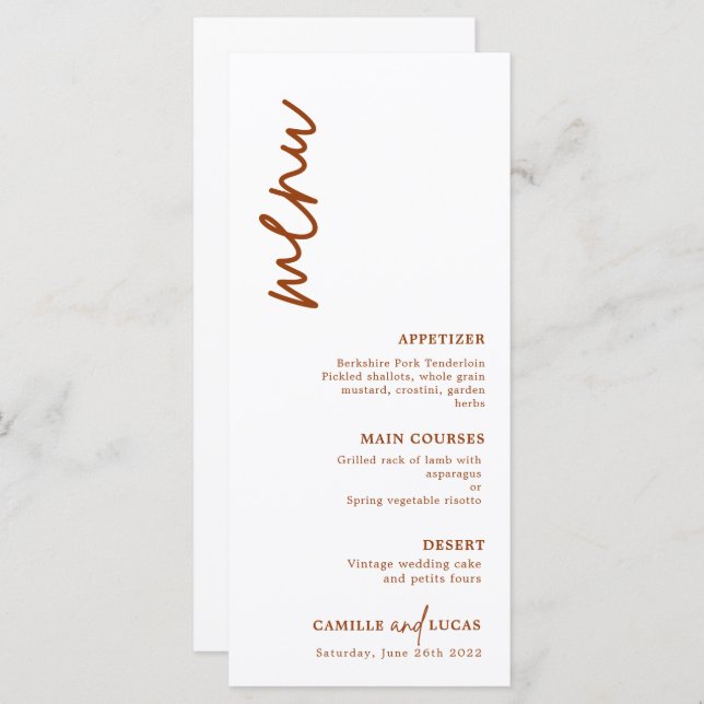 Menu Minimalista Terracotta Rust Wedding (Frente/Verso)