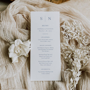 Menu Mínimo e Chic Casamento Branco e Azul Poeirento