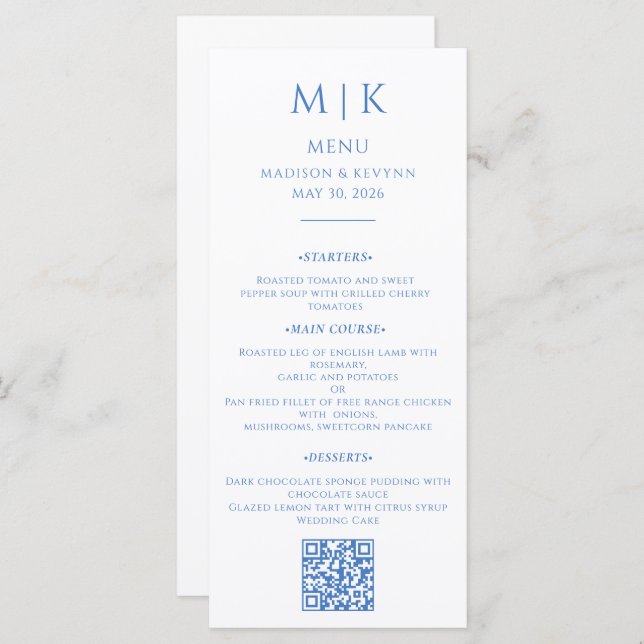 Menu Mínimo e Chic | Código QR de Casamento Azul (Frente/Verso)