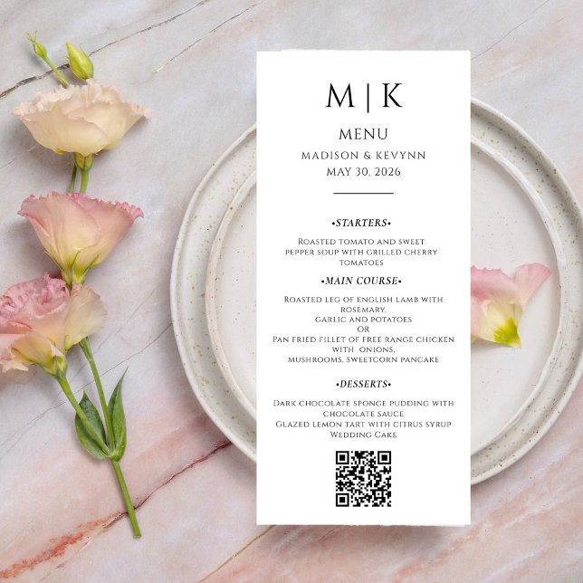 Menu Mínimo e Chic | Código QR de Casamento Negro e Bra (Criador carregado)