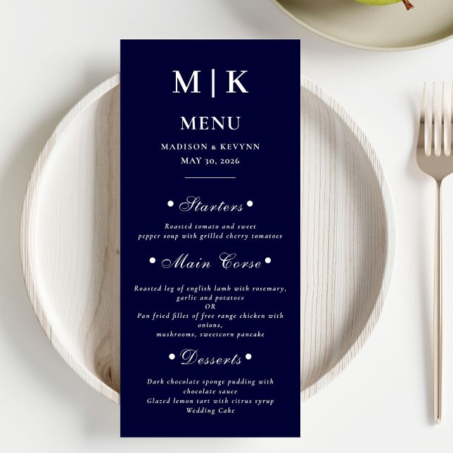 Menu Mínimo e Chic | Marinho Casamento Azul e Branco (Criador carregado)
