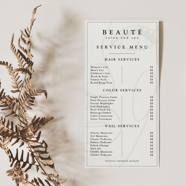 Menu Mínimo Moderno Ivory/Black Salon/Spa (Criador carregado)