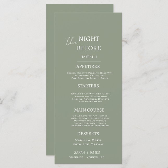 Menu Mínimo Sage Green na noite antes do casamento (Frente/Verso)