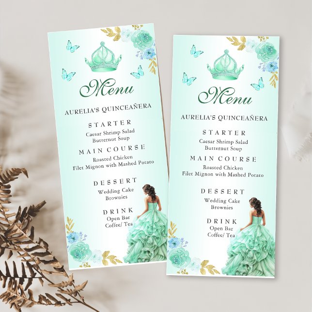 Menu Mint Green Princess Dress Quinceañera Birthday (Criador carregado)
