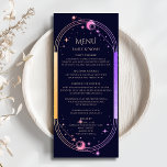 Menu Mística Arco-Íris Azul Sol Lua Estrelas Casamento<br><div class="desc">Marinho Místico Arco-Íris Escuro Azul Sol Lua Estrelas Astronomia Celestial Galáxia Cósmica Cartões de Casamento Cósmico apresentam um arco-íris colorido sol, lua e estrelas sobre um fundo azul marinho escuro com seus detalhes cardápios no centro em um roteiro de caligrafia moderno. Personalize editando o texto nas caixas de texto fornecidas....</div>