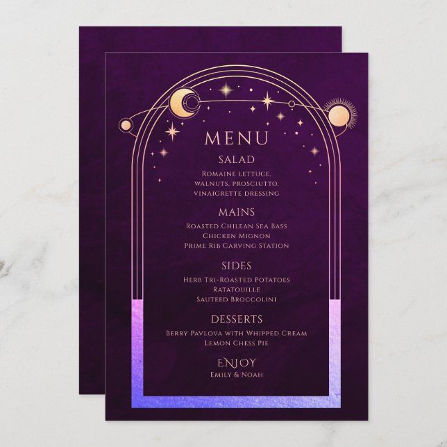 Menu Mística Arco-Íris Plum Sun Lua Estrelas Casamento (Frente/Verso)