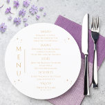 Menu Mística Branca Dourada Sol Lua Estende Casamento E<br><div class="desc">Mystical White Dourado Sun Moon Stars Space Wedding Cards com carateres de menu de casamento com estrelas douradas simples em um fundo branco com os detalhes do menu no centro em um script de caligrafia dourada moderno. Personalize editando o texto nas caixas de texto fornecidas. Projetado pelo Evco Studio www.zazzle.com/store/evcostudio...</div>