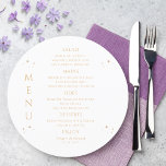 Menu Mística Branca Dourada Sol Lua Estende Casamento E<br><div class="desc">Mystical White Dourado Sun Moon Stars Space Wedding Cards com carateres de menu de casamento com estrelas simples douradas sobre fundo preto com os detalhes do menu no centro em um roteiro de caligrafia dourada moderno. Personalize editando o texto nas caixas de texto fornecidas. Projetado pelo Evco Studio www.zazzle.com/store/evcostudio</div>