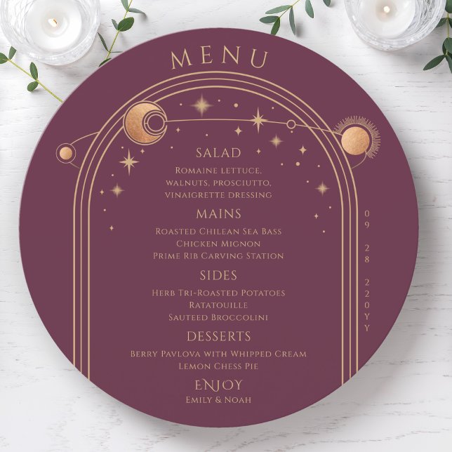 Menu Mística Plum Dourado Sol Lua Estrelas Casamento (Criador carregado)