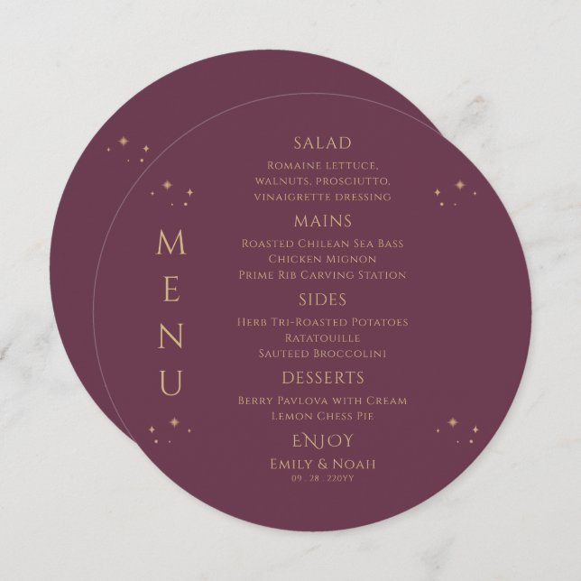 Menu Mística Plum Dourado Sol Lua Solar Estende Casamen (Frente/Verso)