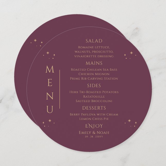 Menu Mística Plum Dourado Sol Lua Solar Estende Casamen (Frente/Verso)