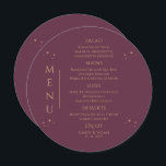 Menu Mística Plum Dourado Sol Lua Solar Estende Casamen<br><div class="desc">Mystical Plum Sun Moon Dourado Stars Space Wedding Menu Cards apresenta estrelas douradas simples num fundo de ameixa com os detalhes do seu menu no centro em um script de caligrafia dourada moderno. Personalize editando o texto nas caixas de texto fornecidas. Projetado pelo Evco Studio www.zazzle.com/store/evcostudio</div>