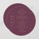 Menu Mística Plum Dourado Sol Lua Solar Estende Casamen<br><div class="desc">Mystical Plum Sun Moon Dourado Stars Space Wedding Menu Cards apresenta estrelas douradas simples num fundo de ameixa com os detalhes do seu menu no centro em um script de caligrafia dourada moderno. Personalize editando o texto nas caixas de texto fornecidas. Projetado pelo Evco Studio www.zazzle.com/store/evcostudio</div>