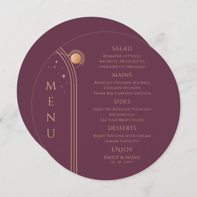 Menu Mística Plum Dourado Sol Lua Solar Estende Casamen (Frente/Verso)