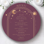Menu Mística Plum Dourado Sol Lua Solar Estende Casamen<br><div class="desc">Mística Plum Sun Moon Dourado Stars Space Wedding Cartões Menu Cartões de Casamento Ouro,  Lua e estrelas armadas sobre fundo de ameixa com os detalhes do menu no centro do roteiro de caligrafia dourada moderno. Personalize editando o texto nas caixas de texto fornecidas. Projetado pelo Evco Studio www.zazzle.com/store/evcostudio</div>