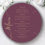 Menu Mística Plum Dourado Sol Lua Solar Estende Casamen<br><div class="desc">Mystical Plum Sun Moon Dourado Stars Space Wedding Menu Cards apresenta estrelas douradas simples num fundo de ameixa com os detalhes do seu menu no centro em um script de caligrafia dourada moderno. Personalize editando o texto nas caixas de texto fornecidas. Projetado pelo Evco Studio www.zazzle.com/store/evcostudio</div>