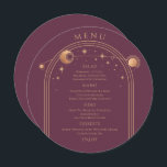 Menu Mística Plum Dourado Sol Lua Solar Estende Casamen<br><div class="desc">Mística Plum Sun Moon Dourado Stars Space Wedding Cartões Menu Cartões de Casamento Ouro, Lua e estrelas armadas sobre fundo de ameixa com os detalhes do menu no centro do roteiro de caligrafia dourada moderno. Personalize editando o texto nas caixas de texto fornecidas. Projetado para você pelo Evco Studio ©...</div>