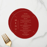 Menu Mística Vermelha Dourada Sol Lua Estende Casamento<br><div class="desc">Mystical Dark Red Sun Moon Stars Space Wedding Cartões de Menu de Casamento com estrelas douradas simples sobre um fundo vermelho escuro com detalhes de menu no centro em um script de caligrafia dourada moderno. Personalize editando o texto nas caixas de texto fornecidas. Projetado pelo Evco Studio www.zazzle.com/store/evcostudio</div>