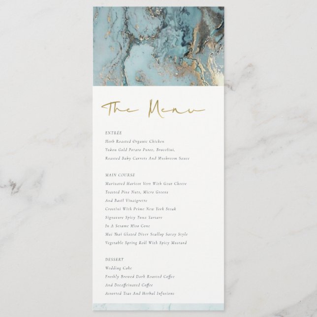 MENU MODERN AQUA DUSKY BLUE GOLD AGATE WEDDING (Frente)