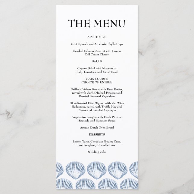 Menu Modern Beach Coastal Watercolor Wedding Blue (Frente)