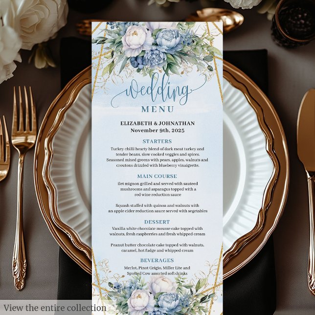 Menu Modern Blue Gold Glitter Frame Greenery Wedding  (Modern Blue Gold Glitter Frame Greenery Wedding Menu)