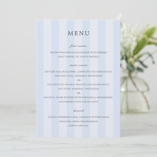 Menu Modern Blue Stripes Elegant Wedding (Em pé/Frente)