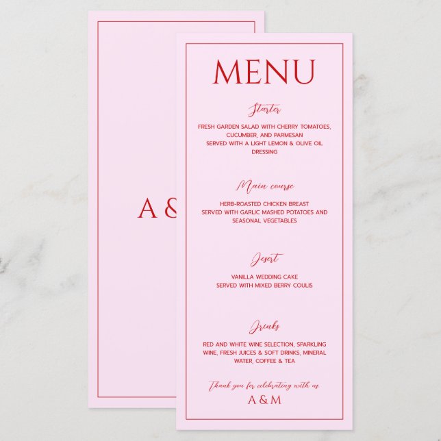 Menu Modern blush pink and red minimalist wedding (Frente/Verso)