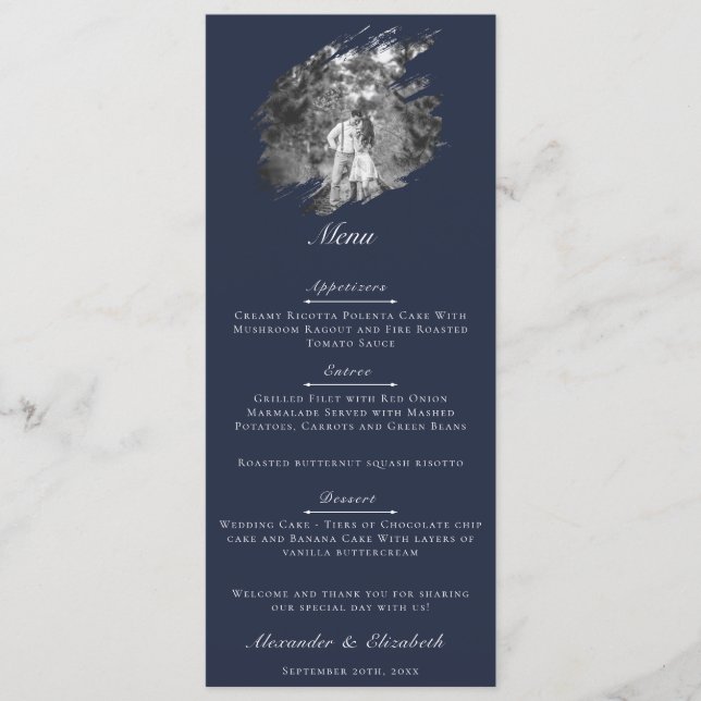 Menu Modern Brushstroke Photo Wedding | Navy Blue (Frente)