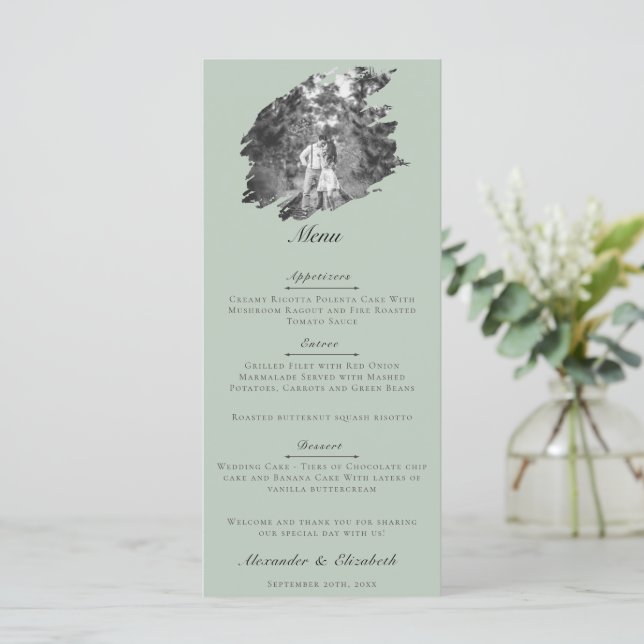 Menu Modern Brushstroke Photo Wedding | Sage Green (Em pé/Frente)