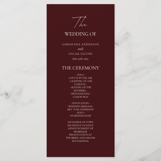Menu Modern Burgundy Wedding Ceremony Program | (Frente)