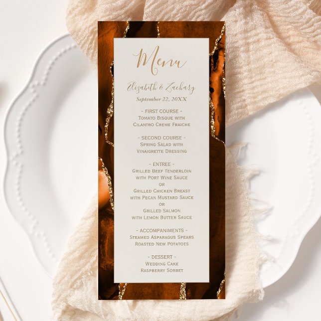 Menu Modern Burnt Orange Gold Agate Ivory Wedding (Criador carregado)