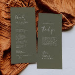 Menu Modern Chic Olive Green Obrigado e Casamento<br><div class="desc">Este obrigado verde-oliva moderno que você e o cardápio de casamento são perfeitos para um casamento simples. A design boho de madeira apresenta tipografia rústica única e na moda boêmica numa cor verde mínima de floresta florestal. Personalize a placa de mesa com o menu na frente e um obrigado que...</div>