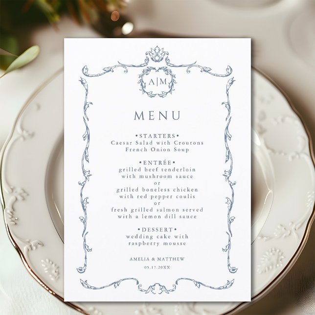 Menu Modern Classic French Frame Wedding Dusty Blue (Criador carregado)