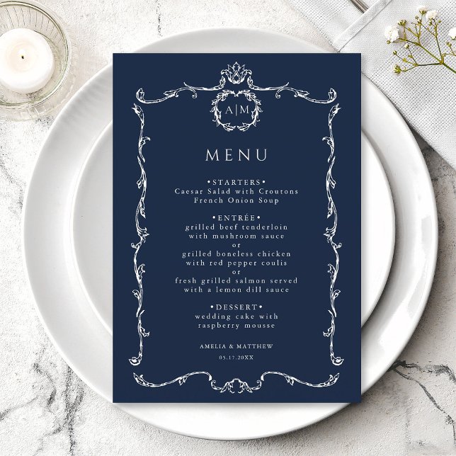 Menu Modern Classic French Frame Wedding Navy Blue (Criador carregado)
