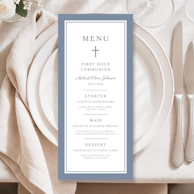Menu Modern Dusty Blue Cross Boy First Communion (Modern Dusty Blue Cross Boy First Communion Menu)