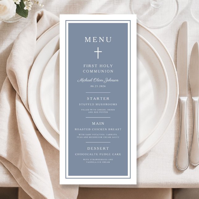 Menu Modern Dusty Blue Cross Boy First Communion (Modern Dusty Blue Cross Boy First Communion Menu)