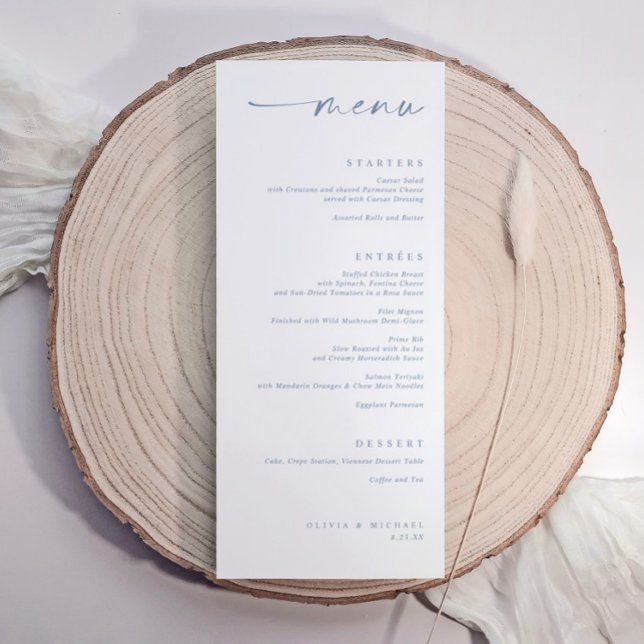 Menu Modern Dusty Blue Minimalist Handwriting Wedding (Elegant wedding menu with dusty blue handwritten calligraphy and minimalist modern layout.)