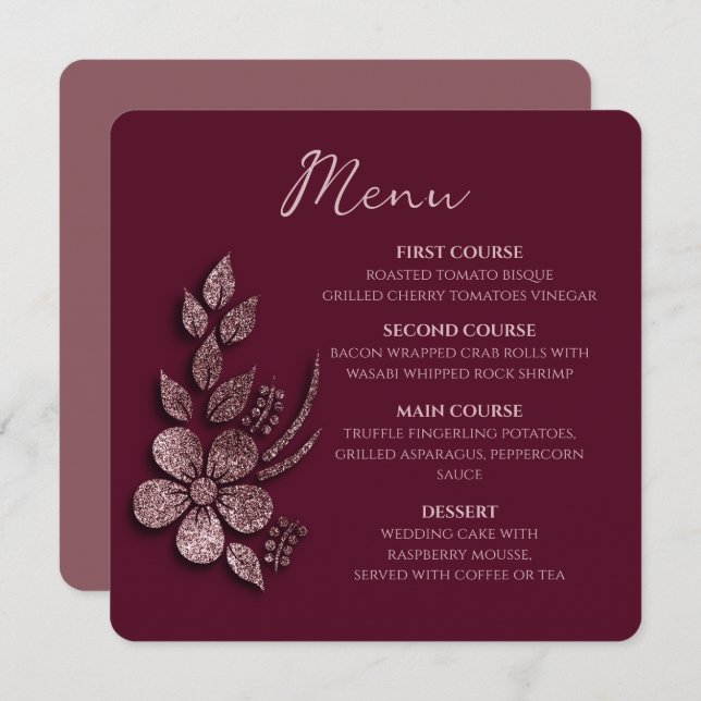 Menu Modern Elegant Rose Gold Glitter Floral & Burgundy (Frente/Verso)