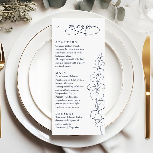 Menu Modern Eucalyptus Navy Blue & White Wedding Dinner (Criador carregado)