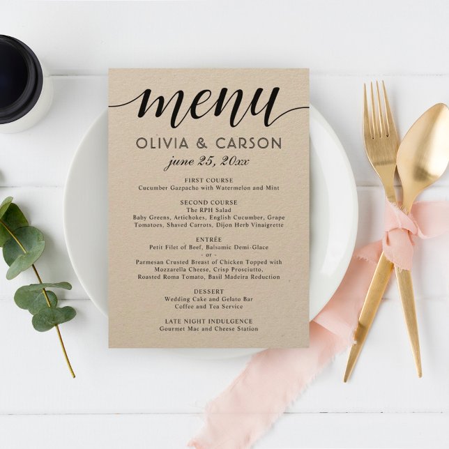 Menu Modern Kraft e Black Script Wedding Monograma (Criador carregado)