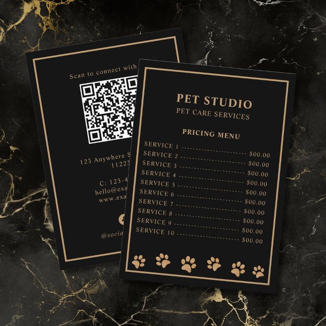 Menu Modern Luxury Black Golden Paw Pet Care Pricing (premium looking black gold modern luxury personalized pet care pricing menu card)