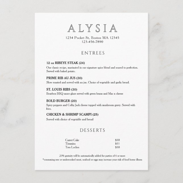 Menu Modern Luxury Minimalist Restaurant  (Frente)