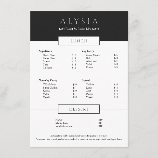 Menu Modern Minialist Sophisticated Restaurant  (Frente)