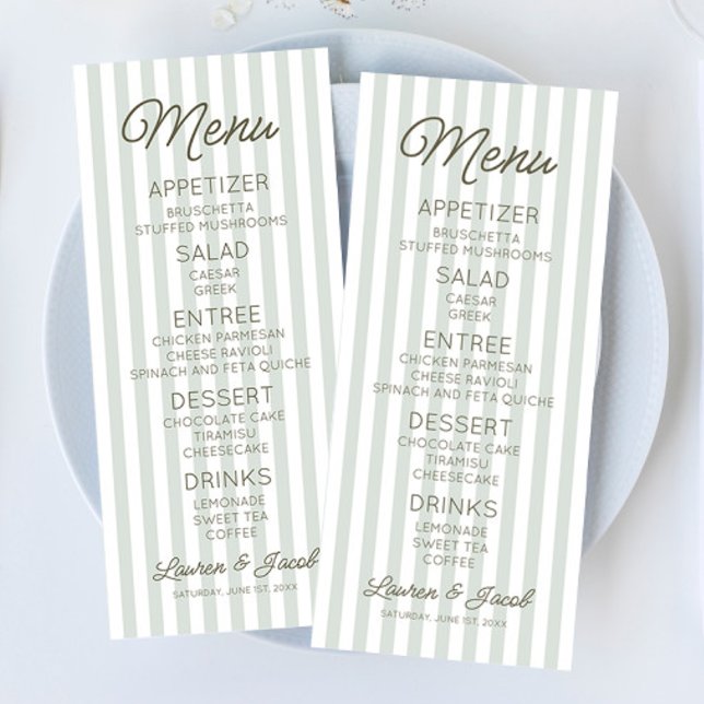 Menu Modern Minimal Minimalist Green Stripes Wedding (Criador carregado)