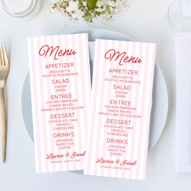 Menu Modern Minimal Minimalist Pink Stripes Red Wedding (Criador carregado)