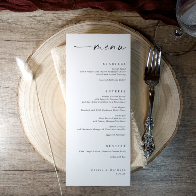 Menu Modern Minimalist Elegant Black and White Wedding (Black and white modern minimalist wedding menu with elegant handwritten script typography)