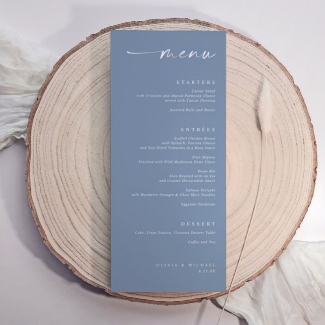 Menu Modern Minimalist Elegant Dusty Blue Wedding (Dusty blue wedding menu with elegant handwritten script and minimalist modern typography.)