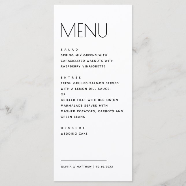 Menu Modern Minimalist Wedding. Simple Clean Typography (Frente)