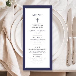 Menu Modern Navy Blue Cross Boy First Communion