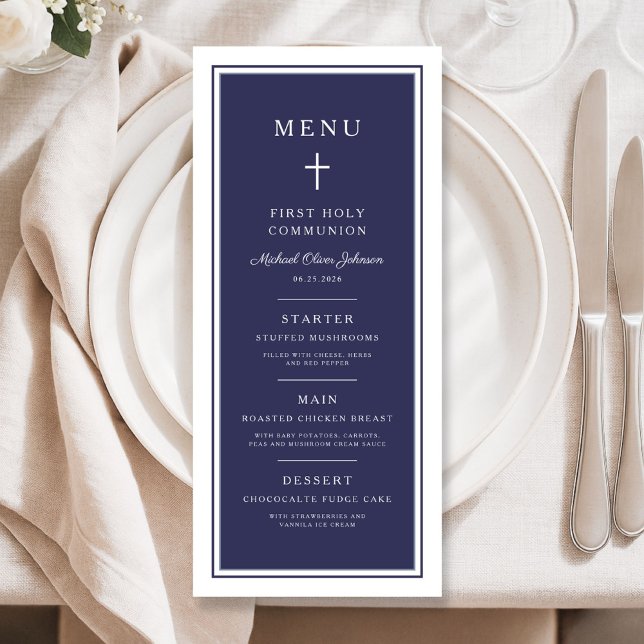 Menu Modern Navy Blue Cross Boy First Communion (Modern Navy Blue Cross Boy First Communion Menu)